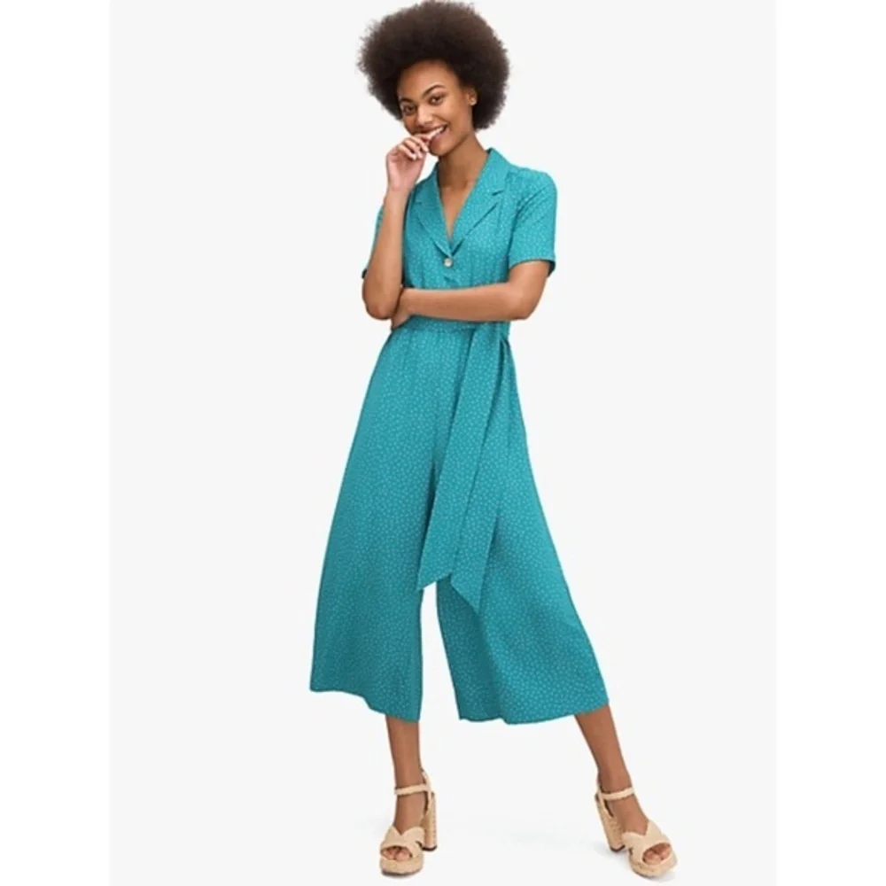 Kate Spade New York Wide Leg Cropped Belted Poolside Dot Jumpsuit Size 8